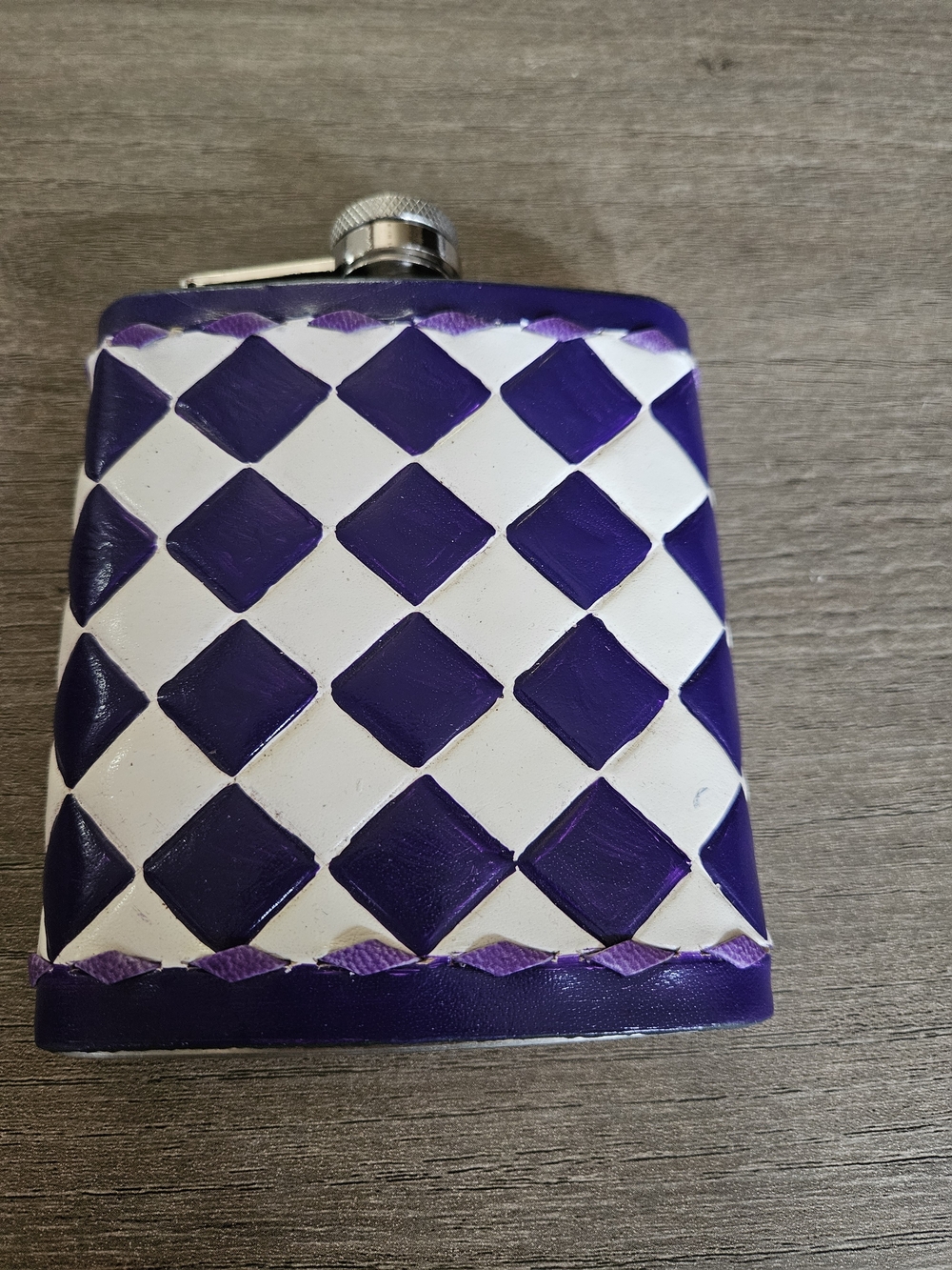 Purple And White Checkered Flask With A Tooled & Hand Painted Leather Wrap-NWOT